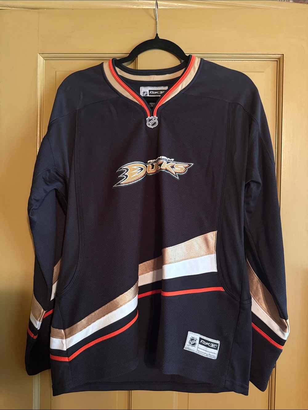 Reebok Anaheim Ducks Black and Gold Hockey Jersey Women's L